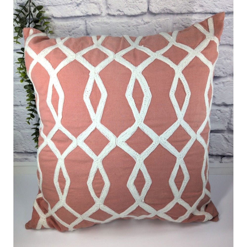 PILLOW + COVER🩷West Elm Trellis Lattice Coral 20x20Embroidered Cotton Zip Boho